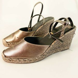 Womens Sandals Leather 9 Black Slide Ankle Strap‎ Wedge Espadri  Marina Luna